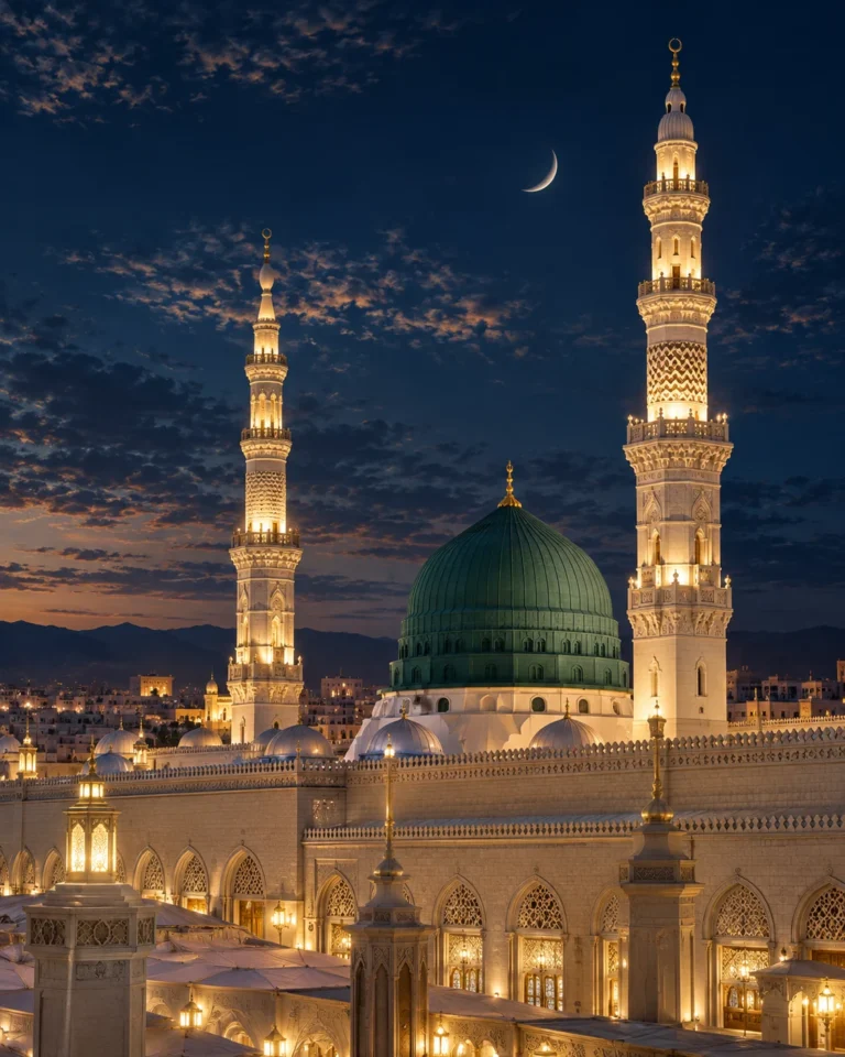 Illustration de Médine à la tombée de la nuit, avec le dôme vert et les minarets illuminés